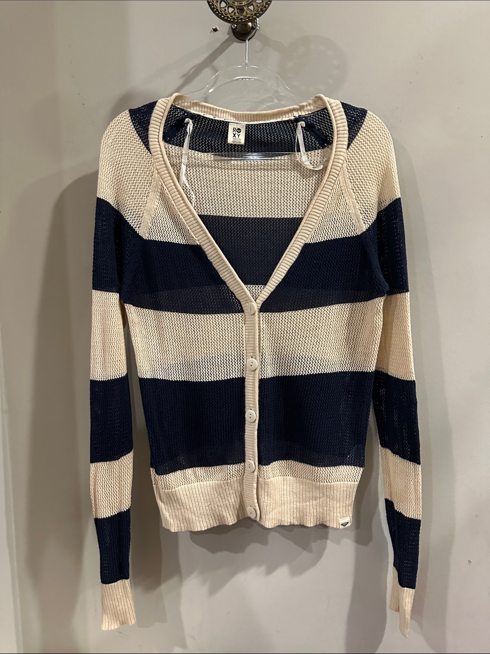 Roxy Navy and Cream Striped Button-Front Cardigan